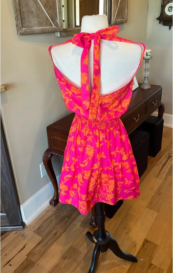 Colorful Festive Neon Pink Orange Flirty Mini Dress - Image 4