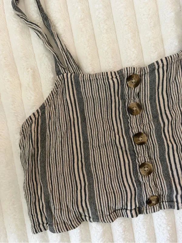 American Eagle Outfitters Striped Button-Front Cropped Tank Top - Black & Cream - Image 2