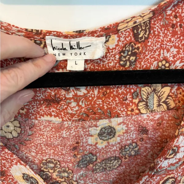 Nicole Miller Floral Boho Blouse Rust Orange Ruffle Hem 3/4 Sleeve Large - Image 3