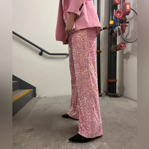 NWOT pink sequin glitter wide leg pants - Image 8