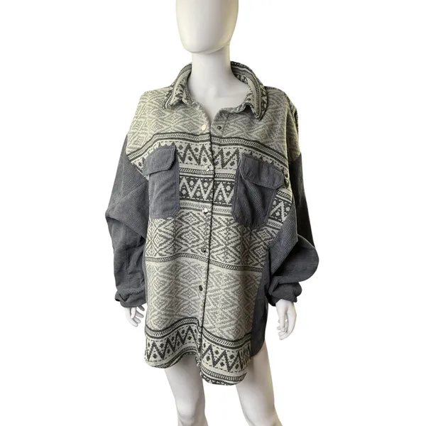 Davi‎ & Dani Womens 1XL Grey Aztec Corduroy Mixed Media Oversized Shacket Jacket - Image 6