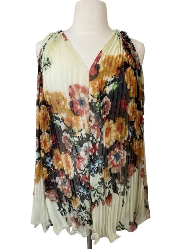 Roberto Cavalli Silk Cream Floral Pleated V-Neck Mini Swing Dress - Image 2