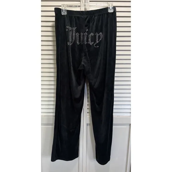 Juicy Couture Y2K Velour Straight Leg Pants Size L Logo Rhinestones Black EUC - Image 3