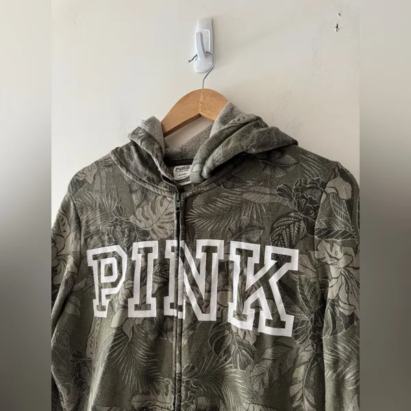 PINK‎ by Victoria’s Secret Army Green Botanical Leaves Floral Zip Up Hoodie - Image 2