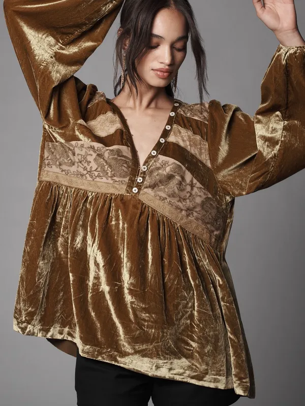 Anthropologie Golden Velvet V-Neck Peasant Blouse with detail small - Image 2