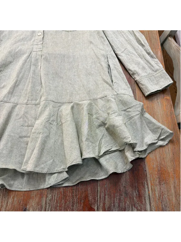 Tuckernuck Sage Green Linen Look 100% Cotton Drop Waist Ruffle Hem Shirt Dress S - Image 5