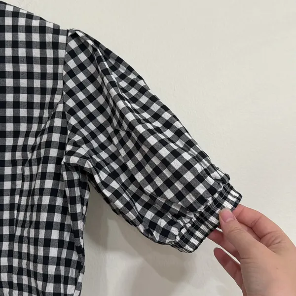 Obey Black/White Checkered Button Down Balloon Short Sleeve Crop Top Cotton sz M - Image 4