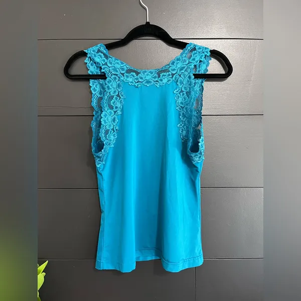 FREDERICK’S OF HOLLYWOOD Blue Silky Lace Trim Cami Tank Top Vintage Sz L EUC - Image 3