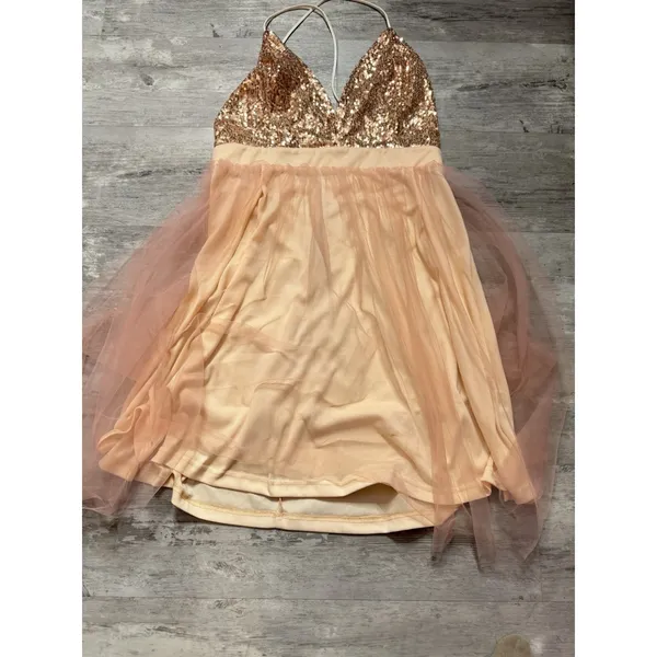 Area Rose Gold Sequin Tulle Mini Dress Peach Pink Size L Pageant Party Fit A4-31 - Image 2