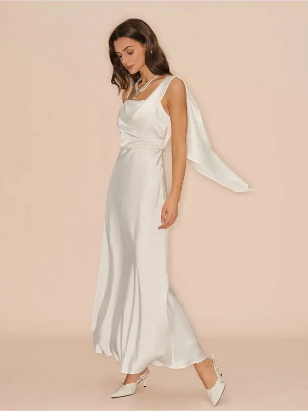 Rihoas Elegant White Satin One-Shoulder Evening Dress - Image 5