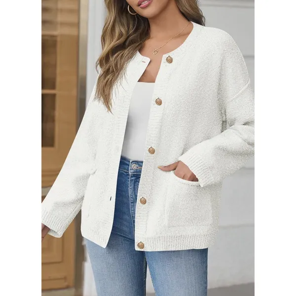 Women's Cozy Knit Cardigan Button Down Crewneck Long Sleeve Sweater White S - Image 3