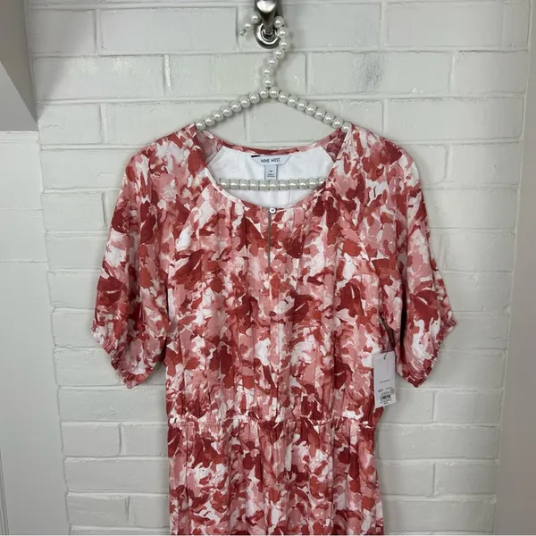 NWT Nine West Puff Sleeve Chiffon Maxi Midi Dress In Pink Abstract Floral M - Image 4