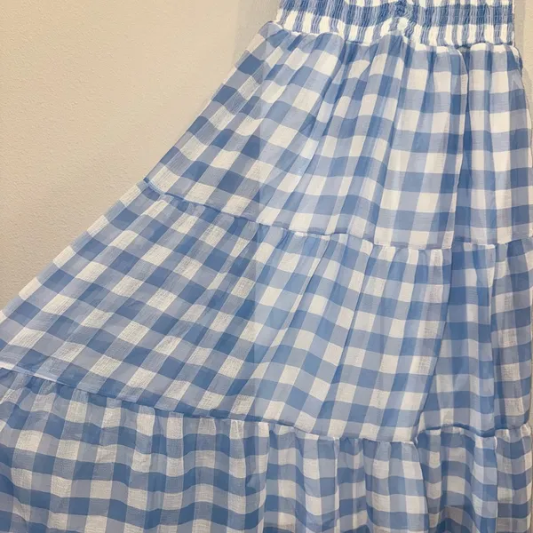 Cellecci Blue Gingham Smocked Tie Strap Tiered Midi Dress Size M - Image 4