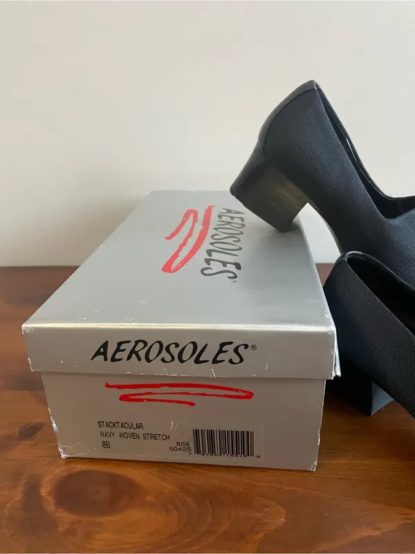 AEROSOLES Navy Woven Stretch Slip-On Block Heel Pumps - Image 2