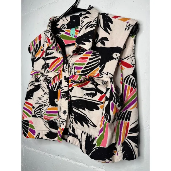 Farm Rio Womens Linen Sleeveless Blouse Button Down Cropped Size Medium Birds - Image 3