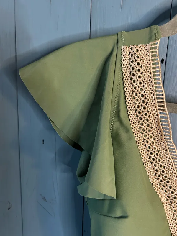 “B” Olive Green One-Piece Swimsuit w/ Crochet V-Neck & Flutter Sleeves | M (New) - Image 5