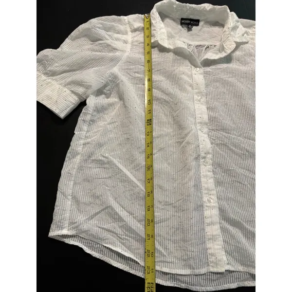 Modern Works White‎ Striped rhinestone Short Puff Sleeve Button Down Blouse - Image 3