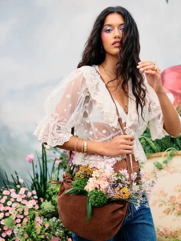 Cider Sheer Mesh V-neck Floral Embroidered Ruffle Blouse with Bell Sleeves - Image 2