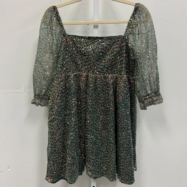 Altar'd State‎ Sparkly Beaded Embellished Green Babydoll Mini Dress Medium Boho - Image 2