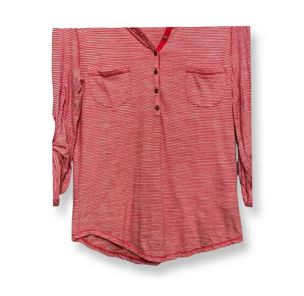 Lucky Brand Womens Henley Shirt RedWhite Stripe Roll Tab Sleeve Pockets S - Image 3