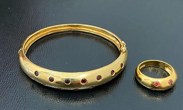 Gold Over  925 Signed Garnet Stones Hinged Bangle & Ring Set - Image 3