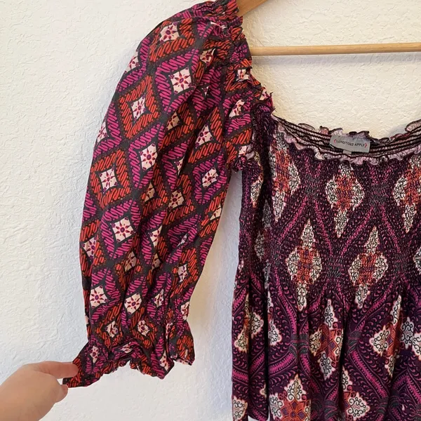 Conditions Apply Smocked Puff Sleeve Top Small Boho‎ Geometric Peplum Peasant - Image 5