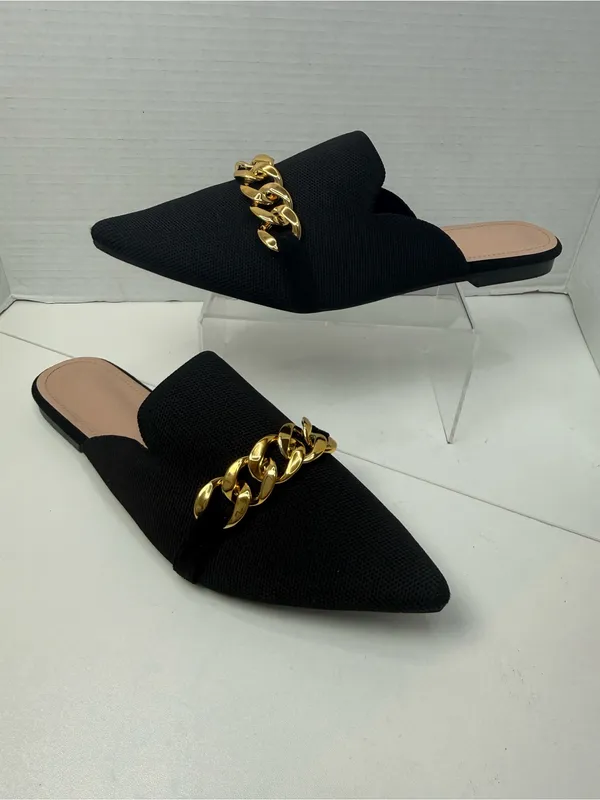 CUCCOO Black Pointed Toe Mule Flats Gold Chain EU 41 US 10-10.5 - Image 3