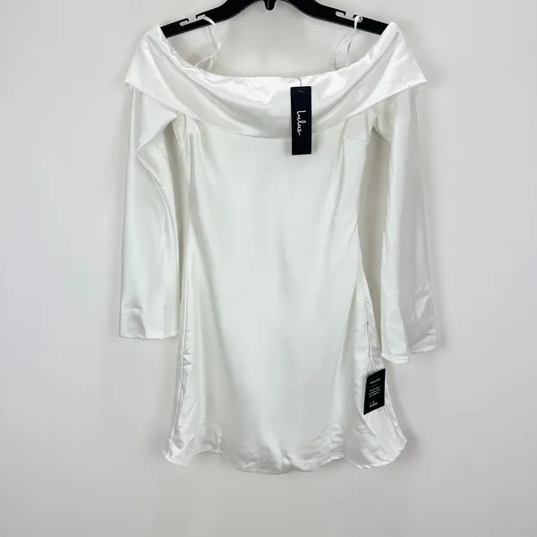 Lulus Luxurious Vision White Satin Off-the-Shoulder Mini Dress Party XS NWT - Image 5