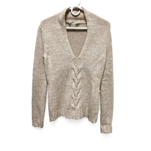 Banana Republic Womens Small Beige‎ Lambswool Cashmere V-Neck Cable Knit Sweater - Image 2