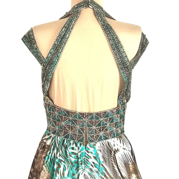 Animal Print Maxi Dress S Beaded Halter Brown Teal Flowy Mobwife Charmeuse - Image 7