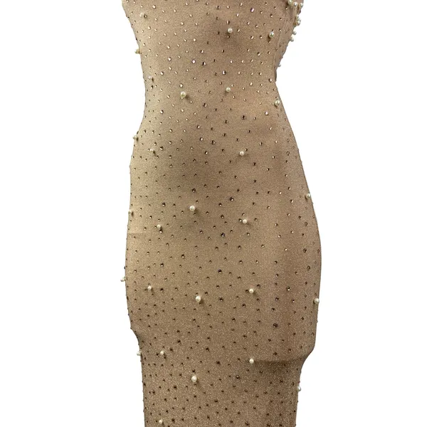 NEW PrettyLittleThing Gold Bandeau Tube Beaded Rhinestone Maxi Bodycon Dress 4 - Image 3