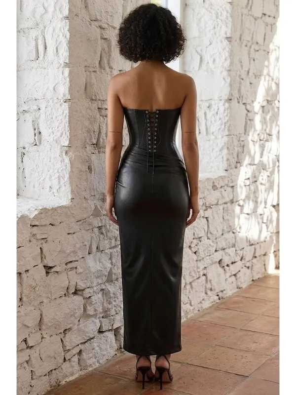 NWT House Of CB Juliana Strapless Vegan Faux Leather Dress in Black L Plus Cup - Image 2