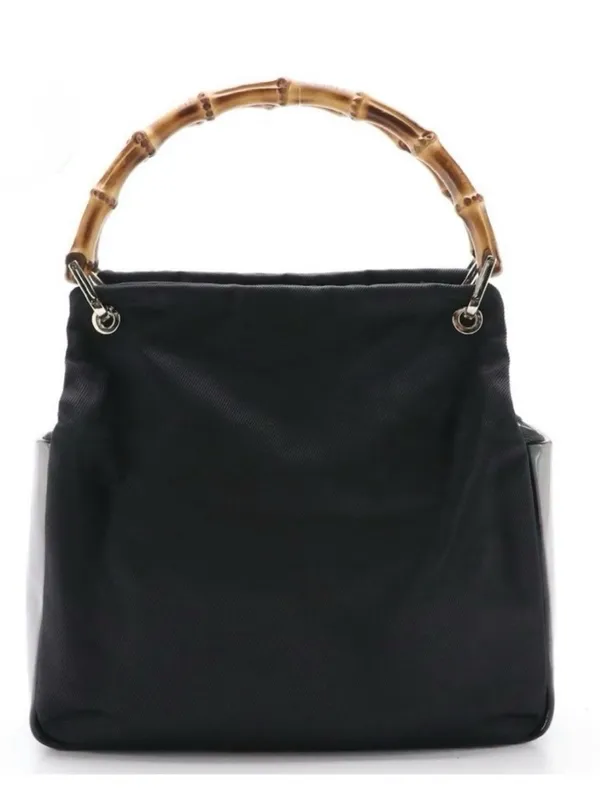 Gucci Black Nylon & Glazed Leather Tote Bag With Bamboo Handles - Image 2