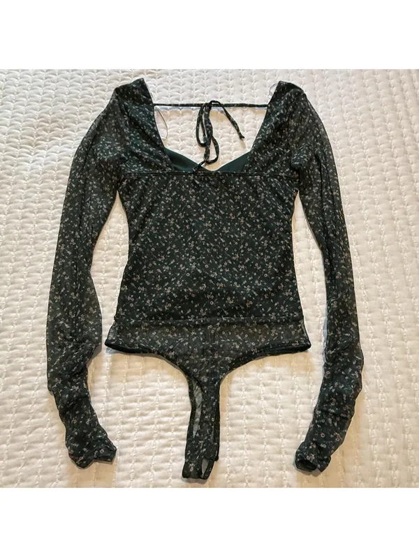 Lulus Bodysuit Long Sleeve Sz S Small Green Floral Mesh Sweetheart Neckline NWT - Image 9