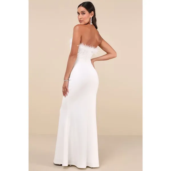 Lulus Extraordinary Glam White Feather Strapless Mermaid Maxi Dress Medium NWT - Image 2