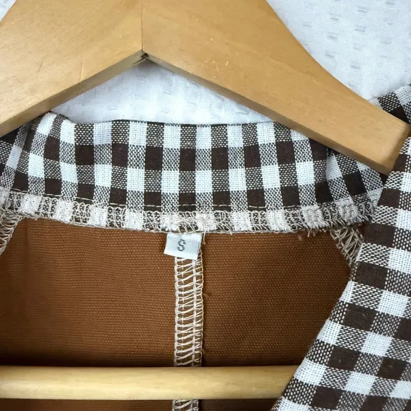 Brown Canvas Utility Jacket Gingham Trim Contrast Stitch Workwear Small - Image 6