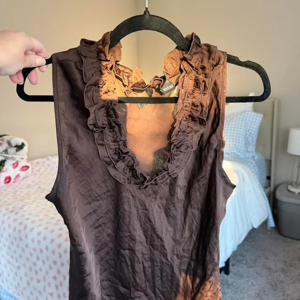 New directions Brown Oversized Drapey Ruffle Blouse Size L - Image 2