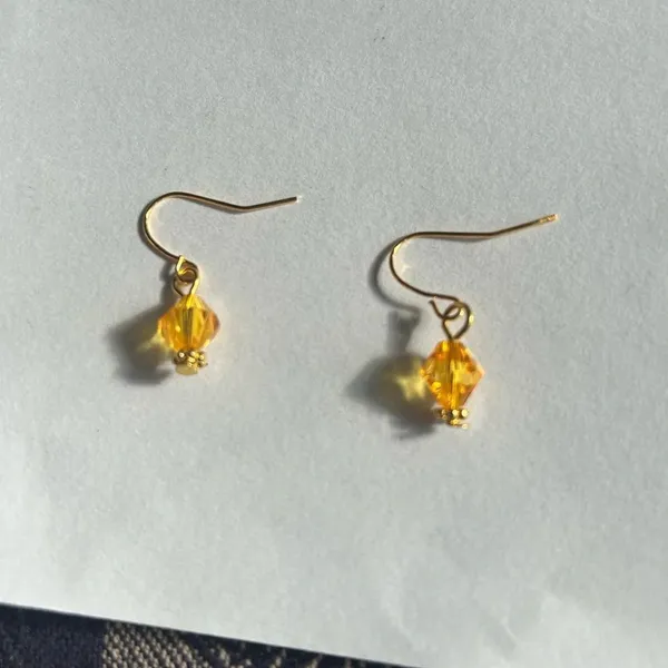 3/$20 Yellow Crystal Ornate Gold Plated Dangling Drop Earrings - Image 2