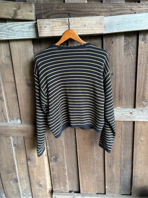 Vintage Lizwear Black and Gold Metallic Stripe Nautical Fisherman Cardigan - Image 3