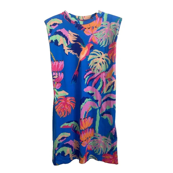 Farm Rio Made of Brasil Orange Parrot Graphic Padded Shoulder T-Shirt Dress XS - Image 2