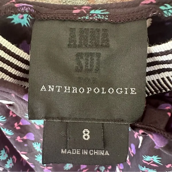 Anna Sui Anthropologie Silk Blend Mini Dress Women’s 8 Black Print - Image 4