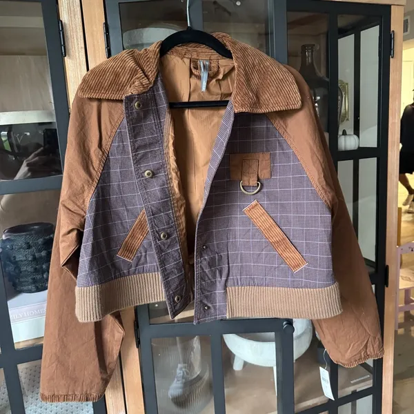 By Anthropologie Plaid Crop Utility Jacket barn corduroy khaki checkered collar - Image 2