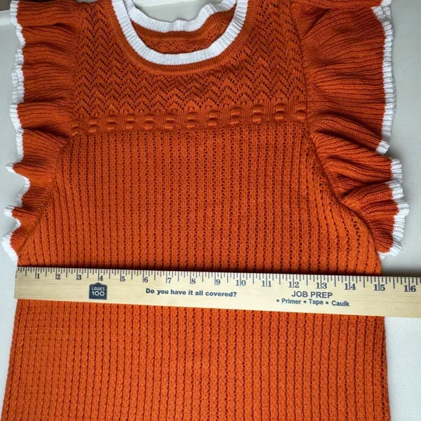 Orange Pointelle Knit Ruffle Sleeve Top White Trim Scalloped Hem Cottagecore‎ - Image 6