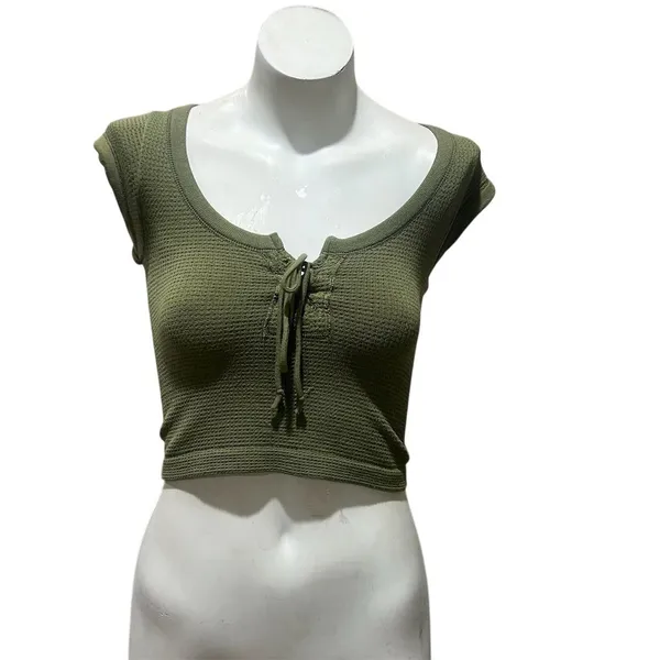 Urban Outfitters Out From Under Women's Olive Green Crop Top Short Sleeve Tee M - Image 4
