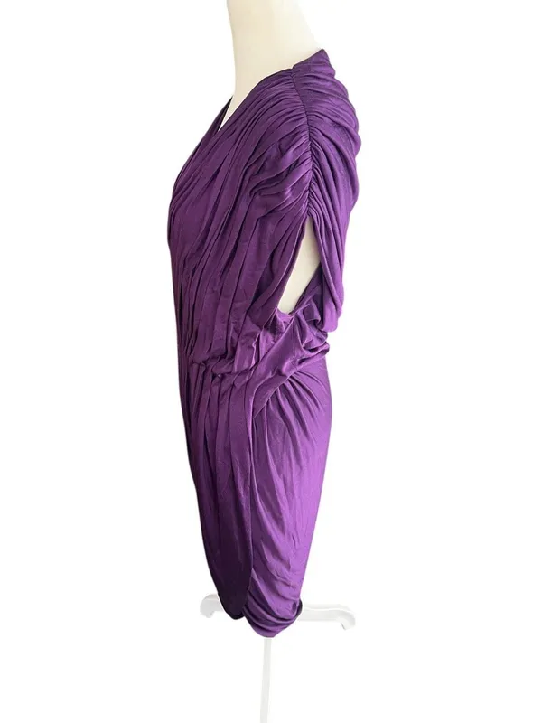 3.1 Phillip Lim Plum Purple Silk Blend Draped Ruched V Neck Midi Dress M - Image 4