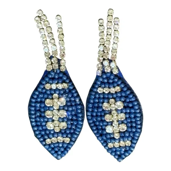 Football Earrings Womens‎ OS Blue Beaded Rhinestone Gameday Tailgate Sparkly - Image 3