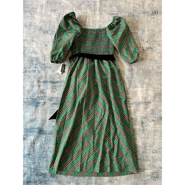 NWT! INC International Concepts Green Red Metallic Plaid Belted Midi Dress Small - Image 3