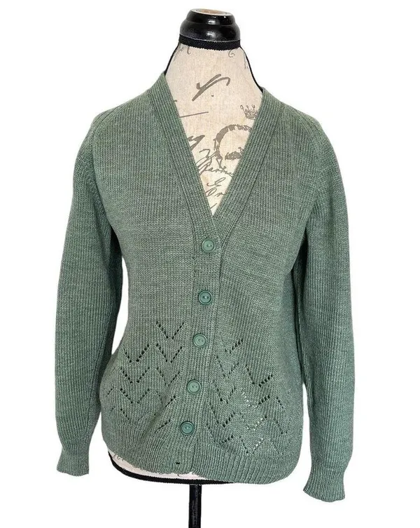 Green Women’s Cardigan Sweater Size Large Button Chunky Knit Grandmacore Spring - Image 5
