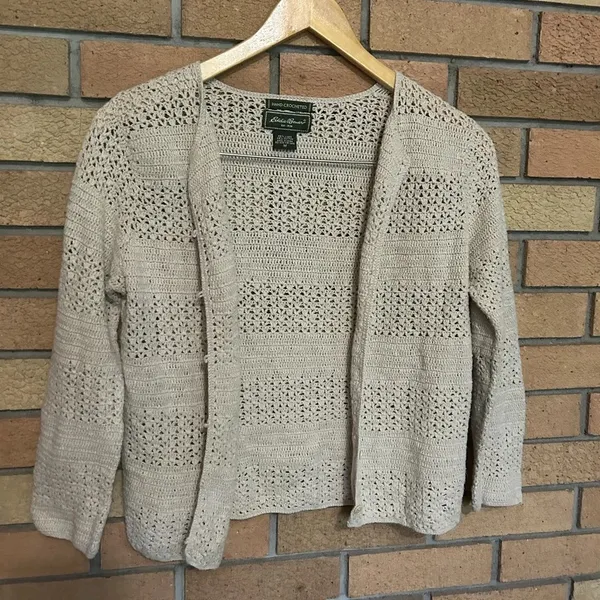 Eddie Bauer Hand Crocheted Linen Cotton Open Knit Button Down Sweater Medium VTG - Image 3