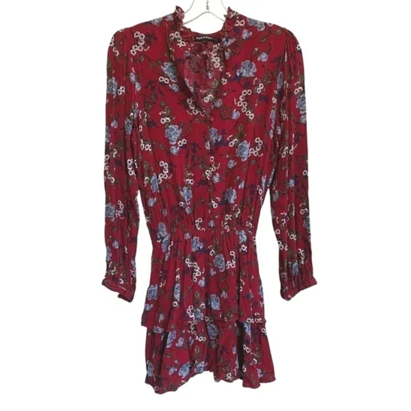 Yumi Kim Red Floral Ruffle Tiered Mini Dress Long Sleeve Smocked Waist Size‎ S - Image 5